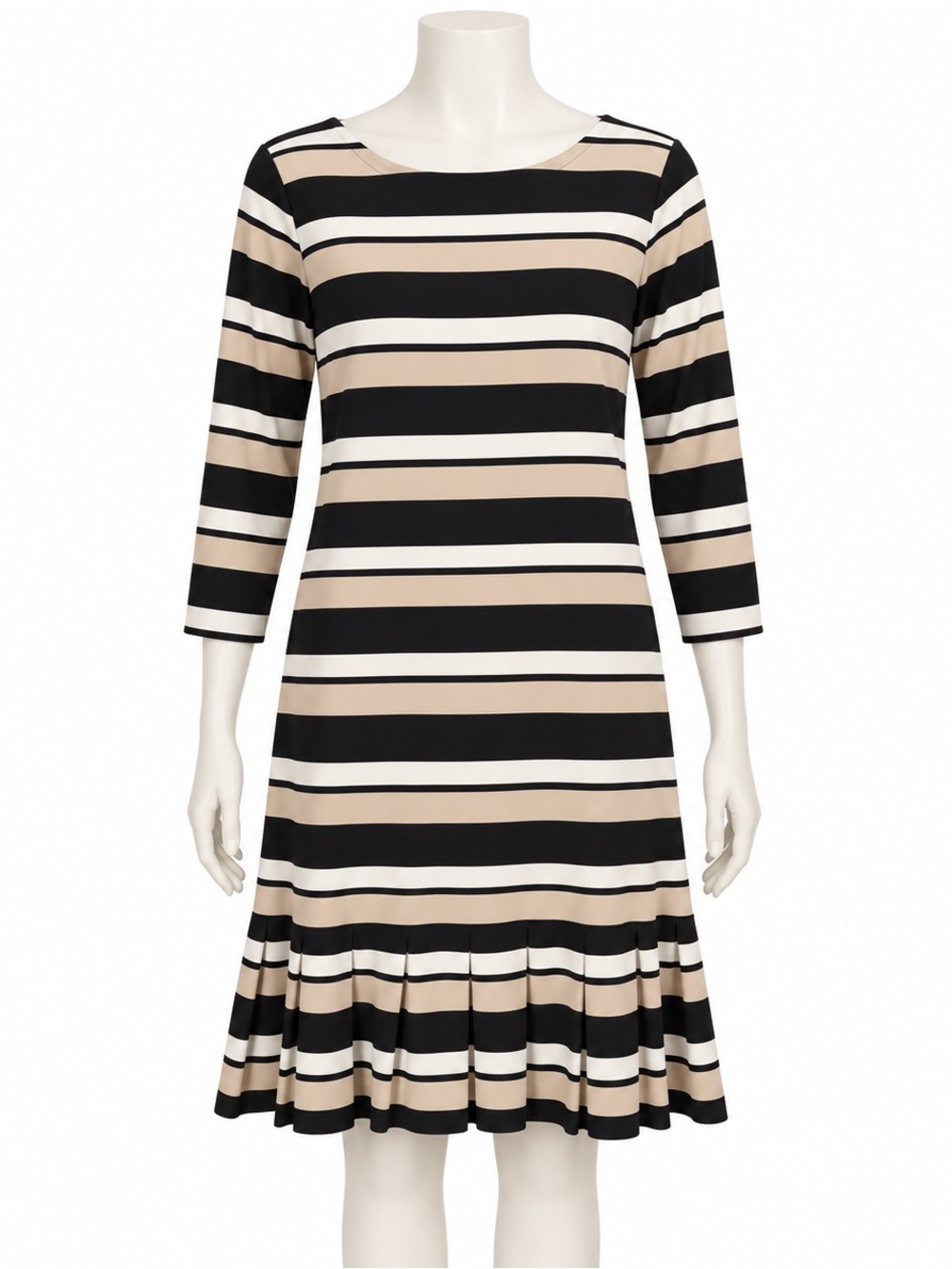 White House Black Market Black, Beige and White Striped Long Sleeve Dress